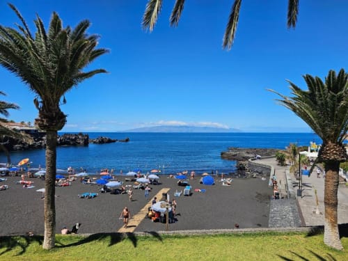 Black sand beach at Olivia Playa La Arena in Tenerife with palm trees, blue umbrellas, and crystal clear ocean view