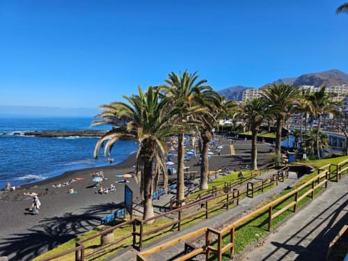Playa La Arena beach in Santa Cruz de Tenerife with palm trees, dark sand, blue ocean, coastal apartments, and wooden