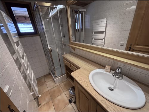 Modern bathroom with wooden vanity, white sink, large mirror and glass shower enclosure at Chez Francine hotel