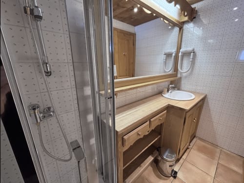 Modern bathroom in La Chambre Chez Marion at Chez Francine hotel, Notre Dame de Bellecombe, featuring wooden vanity, shower