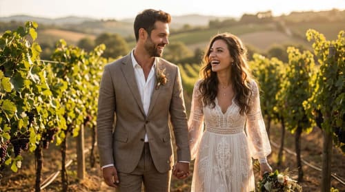 Couple se promenent dans les vignobles au coucher de soleil près du Clos Des Anges, Bagnols, France