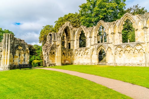 Historic Gothic abbey ruins with manicured lawn near Stonegate Townhouse in York