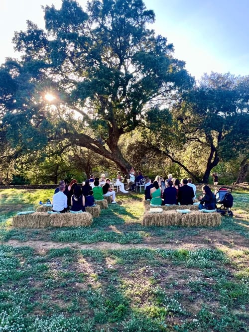 Outdoor gathering under ancient oak trees at Molí Roquer rural retreat in Rabós, Spain