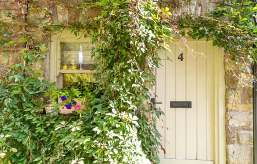 Cream-colored cottage door with ivy and flowering plants at Cosy Crickhowell Cottage in Wales