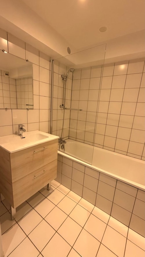 Salle de bain moderne avec douche carrelée, lavabo et baignoire à l'Hôtel Saint Christophe à Belfort