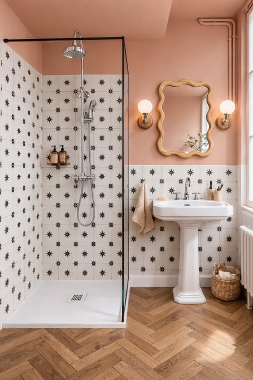 Salle de bain moderne à La Maison 1903 B&B avec carrelage à motifs étoilés, lavabo sur colonne, douche pluie et murs pêche