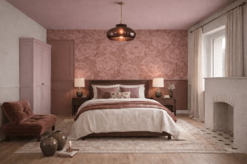 Chambre Paeonia à La Maison 1903 B&B à Trévou-Tréguignec avec papier peint rose Damas, luminaire suspendu et vue sur le jardin