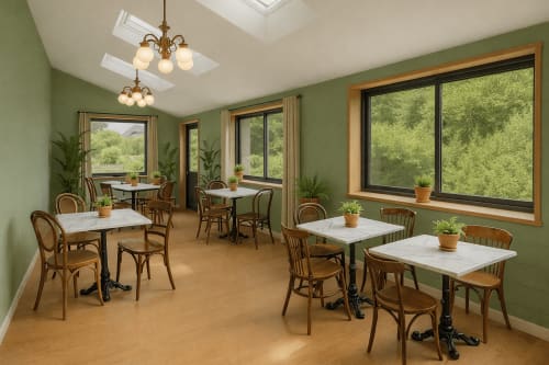 La salle de petit-déjeuner de La Maison 1903 aux murs verts, chaises en bois, tables en marbre et grandes fenêtres donnant sur les jardins