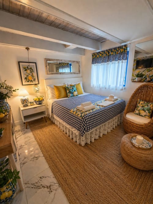 Suite Superior Bright di Spagna Lemon Suites Roma con letto a quadretti blu, dettagli gialli, sedia in vimini e vista sui monumenti