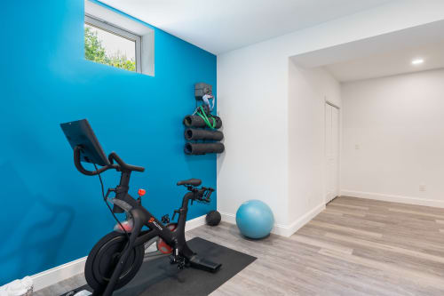 Modern home gym at Malkita Homes with exercise bike, yoga ball, and wall-mounted equipment on blue accent wall