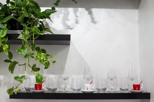 Moderna kitchenette con vasi in vetro, tazzine rosse e pianta verde nella Junior Suite di Domus Gaudia, Roma