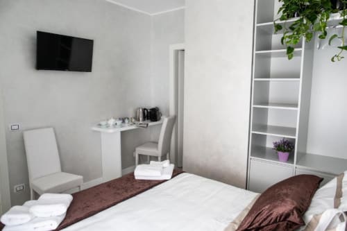 Camera King Deluxe presso Exclusive Domus Gaudia a Roma, con letto, TV, scrivania, scaffali con piante e arredamento minimalista moderno