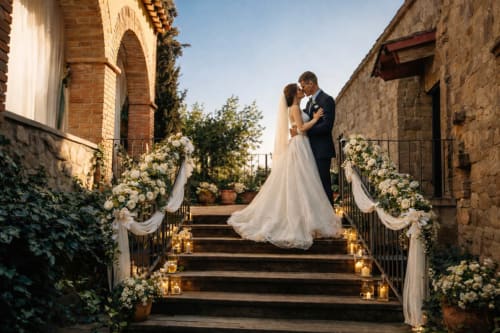 Pareja de novios besándose sobre una escalera exterior de piedra decorada con flores y velas.