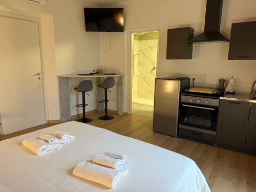 Modern studio at Mistral Holidays Marina di Carrara with bed, kitchen, bar seating, and bathroom
