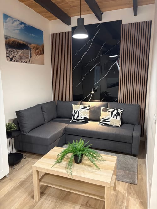 Moderna sala de estar en apartamento Be Gonfre Flats Valencia con sofá de esquina oscuro, mesa de café de madera con planta de helecho, lámpara colgante
