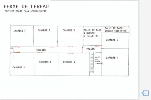 Floor plan of Ferme de Lereau gite showing 8 bedrooms, bathrooms, kitchen and common areas layout