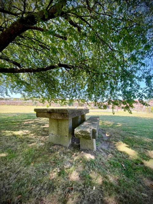 Mesa de piedra para picnic bajo sauce en el hotel O Lagar De Jesus de Padrón, España