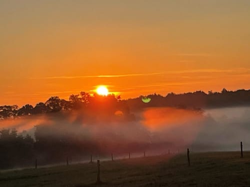 Sunrise over misty fields at Domaine de Beau Site in Peyrat-de-Bellac, France