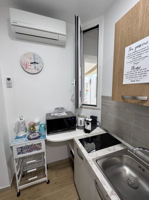 Modern kitchenette at Casa Vacanze La Coccinella in Trapani with microwave, induction cooktop, sink, and compact storage