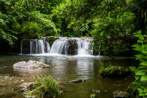 Cascata suggestiva circondata da foresta rigogliosa e rocce a Campagnano di Roma, ritiro nella natura italiana