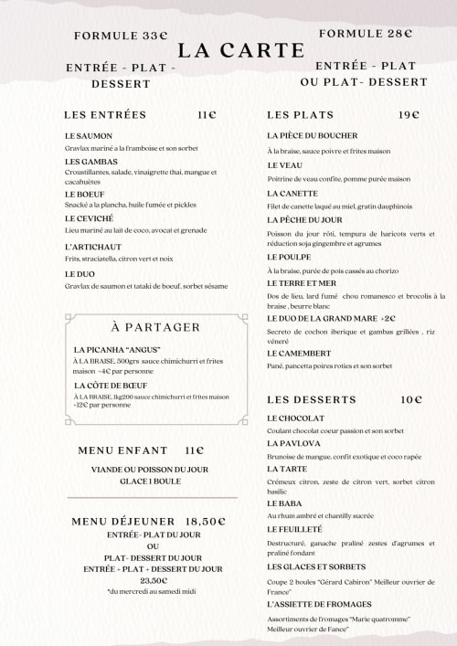 La carte du Hôtel La Grand Mare à Conches-en-Ouche présentant les entrées, plats et desserts de la cuisine française
