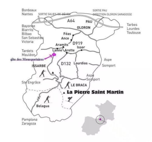 Map of southwestern France showing gite des Mousquetaires location near Lanne en Baretous and surrounding towns