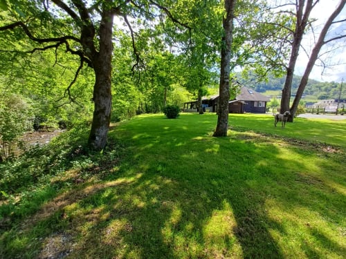Lush green lawn with mature trees at Le gite des mousquetaires, a charming BnB in Lanne en Baretous, France