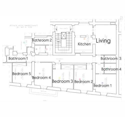 Planimetria dell'appartamento The Great Chill a Roma con 5 camere da letto, 4 bagni, cucina e zona living