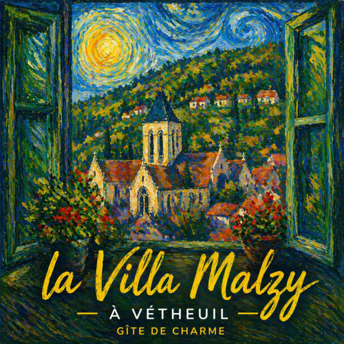 La Villa Malzy gîte de charme in Vetheuil, France, with starry night and church view