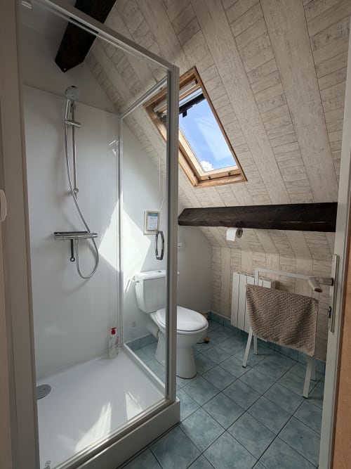Salle de bain moderne avec douche à l'italienne, toilettes et puits de lumière à la Gîte Les Vieilles Digues de Beauvoir