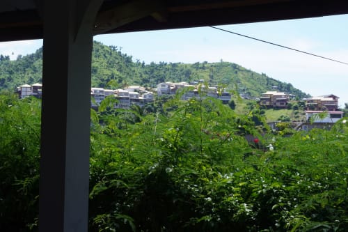 Vue luxuriante du jardin depuis la chambre Zen Bambou du Kaz Kafe à Mamoudzou avec maisons en versant et végétation tropicale