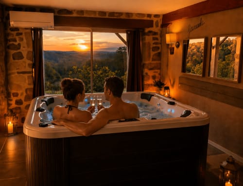 Un couple profite d'un bain à remous luxueux au coucher de soleil face aux collines boisées de LesInstantsVolés B&B en France