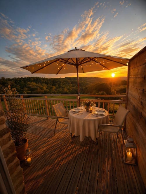 Les instants volés : dîner au coucher de soleil sur terrasse en bois avec parasol et vue sur la vallée