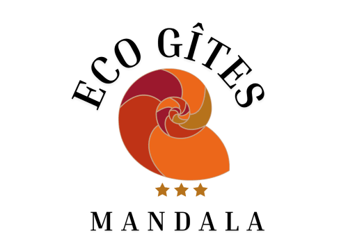 Logo Éco Gîte du Mandala avec spirale mandala orange et rouge ornée de trois étoiles dorées, Prads-Haute-Bléone
