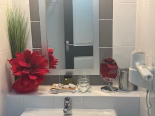 Modernes Badezimmer mit weißem Waschbecken, großem Spiegel, roten Blumen in einer Vase und Annehmlichkeiten in der Résidence Château des Artistes