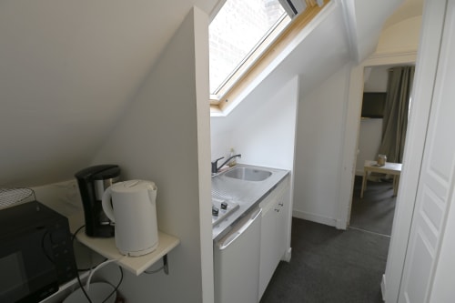 Petite kitchenette équipée d'un évier et d'une plaque de cuisson au Gîte La Terre, Gîte De La Petite Salamandre à Étretat