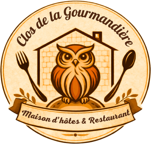 Clos de la Gourmandiere logo featuring an owl with fork and spoon, Saint-Lothain bed & breakfast restaurant emblem