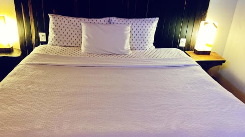 Espaciosa habitación Villa La Guardia en Ala Residencias Chetumal con cama king, almohadas estampadas, iluminación ambiental y decoración oscura