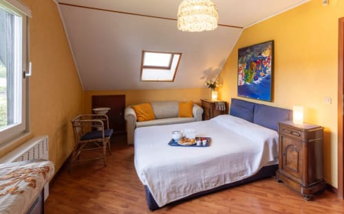 Camera da letto in soffitta luminosa con pavimenti in legno, letto matrimoniale, divano grigio, lucernario e pareti gialle presso la villa sul Lago d'Orta