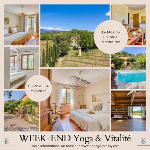 Retraite yoga de week-end au Mas du Bacalan Mormoiron mai 2026 avec piscine et vue sur les vignobles