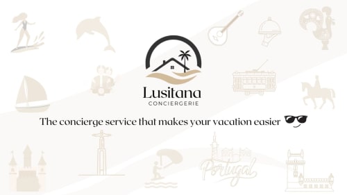 Logo do serviço de concierge de férias Lusitana com ícones de Portugal e slogan para a pousada Vila Alexandra em Costa da Caparica