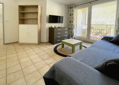 Séjour moderne à LOCADIGNE, Digne-les-Bains : canapé, télévision, rangements, table basse verte et vue sur les montagnes