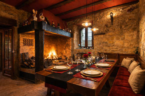 Prepared table beside a fire grill in a stone dining room.