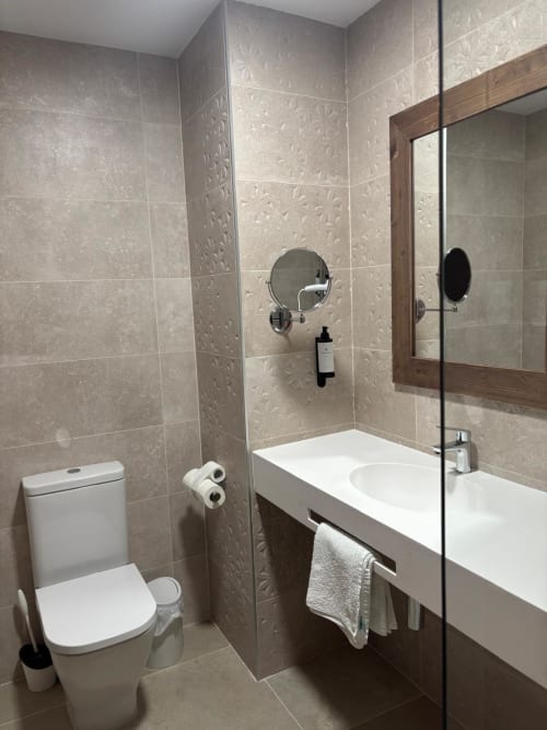 Modern bathroom in Hotel Mulhacén Trevélez suite with glass shower, floating vanity, and taupe tile walls