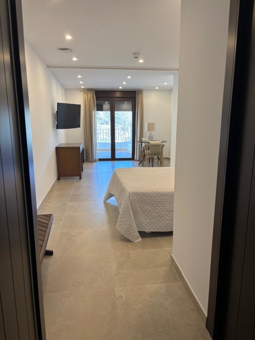 Modern hotel suite at Hotel Mulhacén Trevélez with river view, bed, TV, and terrace access in Granada