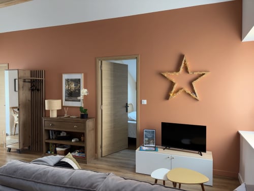 Appartement moderne au Monastier aux murs terre cuite, TV écran plat, mobilier bois et décoration étoile dorée