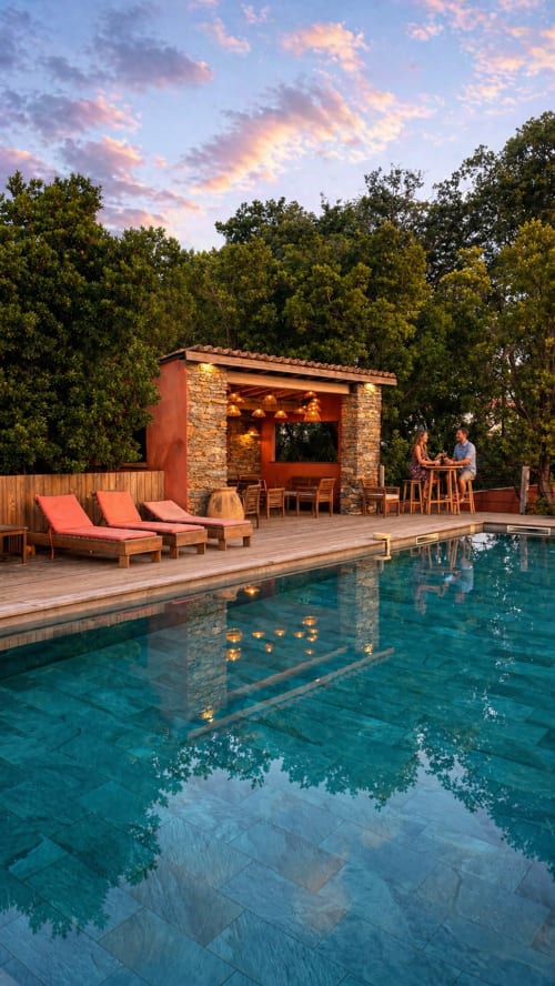 Vue crépusculaire de la piscine du Le Maquis Plage avec pavillon en pierre, transats et bar illuminé à Poggio-Mezzana
