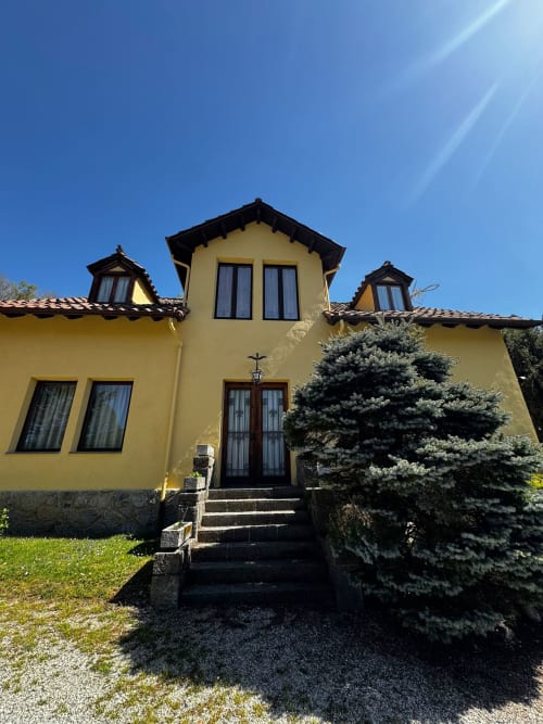 Yellow villa El Niu de l'Aguila in Camprodon with black roof, dark wooden doors, garden view, and evergreen shrub
