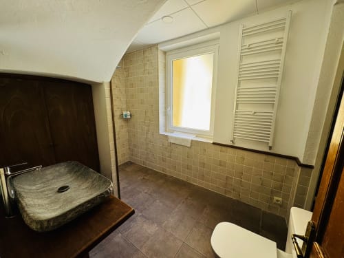 Bany modern a la vila El Niu de l'Aguila a Camprodon amb dutxa, WC, finestra i escalfador de toalles