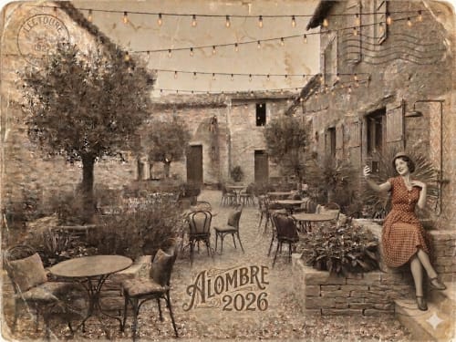 Cour vintage de l'Alombre B&B à Lectoure avec sièges, guirlandes lumineuses, oliviers et architecture en pierre